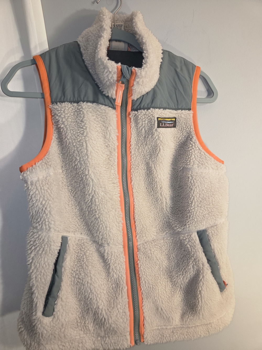 L.L. Bean Cream Sherpa Vest with Coral Trim and Green Accents